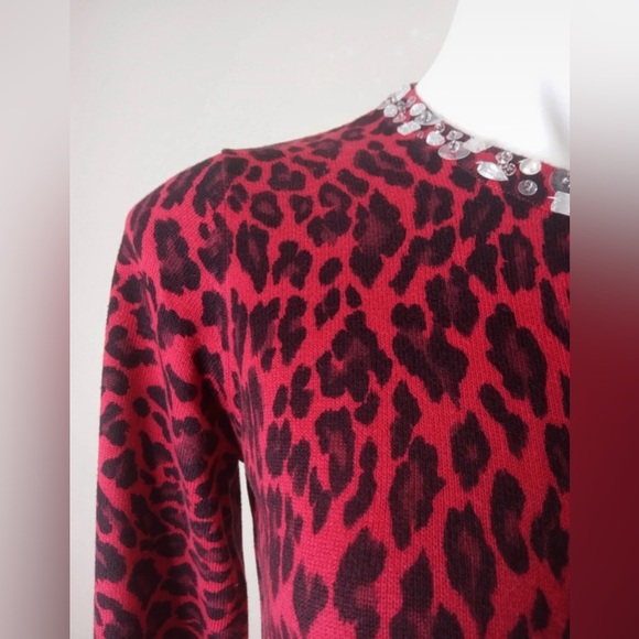 Quacker Factory Red Leopard Print Cardigan XXS Jeweled Trim - Picture 8 of 11